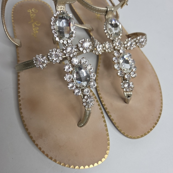 Lilly Pulitzer Katie Embellished T Strap Gold Metallic Thong Sandal Size 7 - Picture 9 of 10